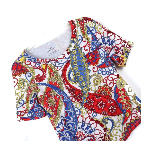 TALBOTS Red White Blue Paisley Roll Sleeve T Shirt - Picture 2 of 6